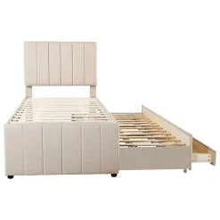 Okwish Lit gigogne 90x200 cm - Lit simple enfant avec tiroirs et lit d'appoint, sans matelas - Revêtement en lin, Beige Sale