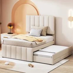 Okwish Lit gigogne 90x200 cm - Lit simple enfant avec tiroirs et lit d'appoint, sans matelas - Revêtement en lin, Beige Sale