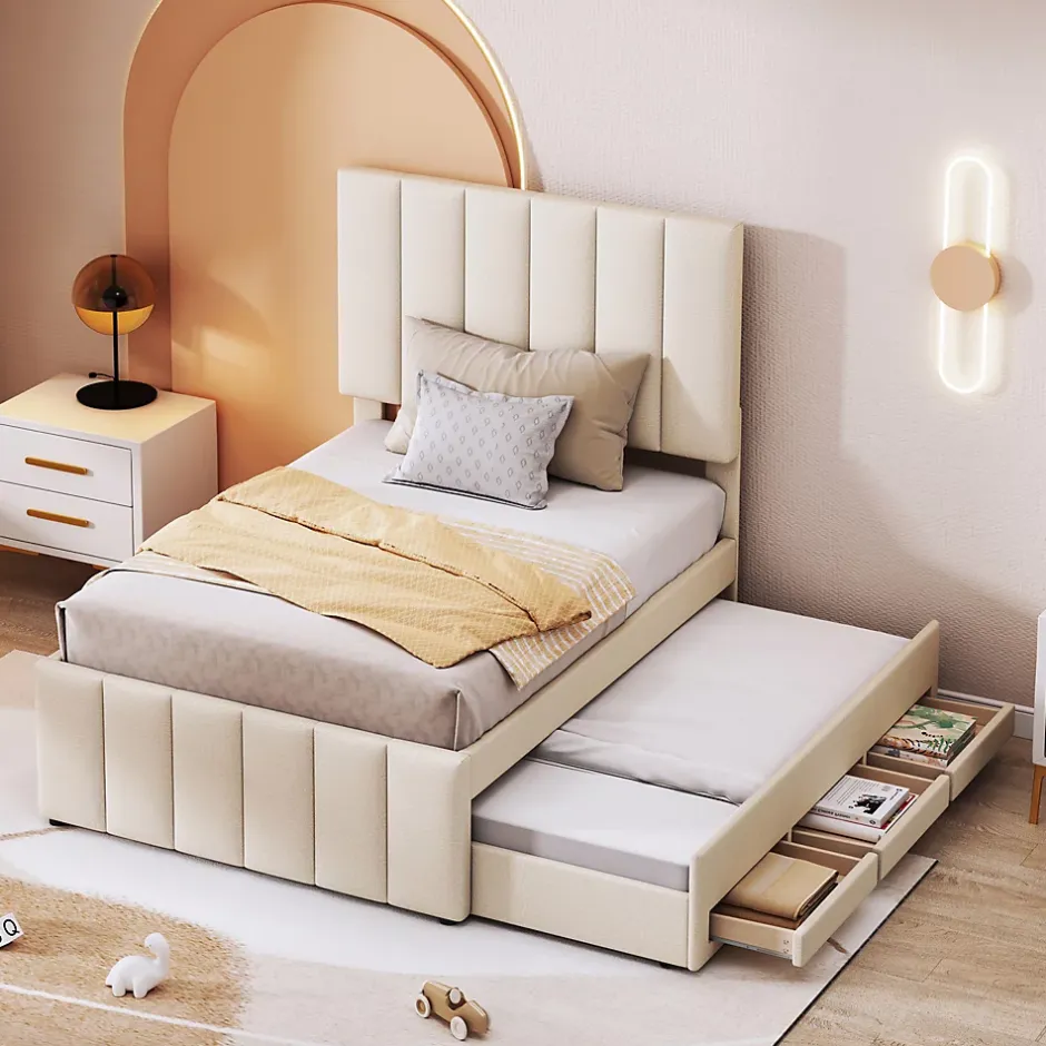 Okwish Lit gigogne 90x200 cm - Lit simple enfant avec tiroirs et lit d'appoint, sans matelas - Revêtement en lin, Beige Sale