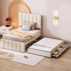 Okwish Lit gigogne 90x200 cm - Lit simple enfant avec tiroirs et lit d'appoint, sans matelas - Revêtement en lin, Beige Sale