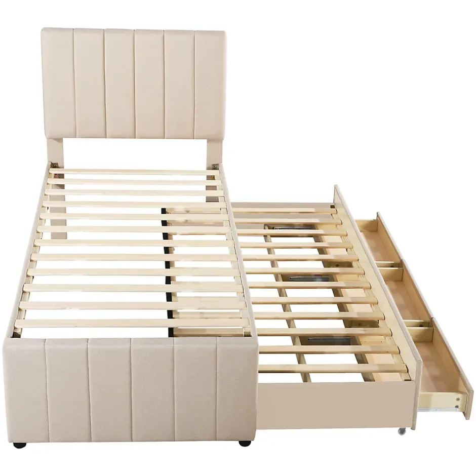Okwish Lit gigogne 90x200 cm - Lit simple enfant avec tiroirs et lit d'appoint, sans matelas - Revêtement en lin, Beige Sale