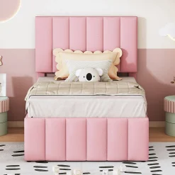 Okwish Lit Gigogne 90x200 cm - Lit Simple enfant avec Tiroirs et Couchage d'Ombre, Revêtement en Lin Doux, Sans Matelas - Rose