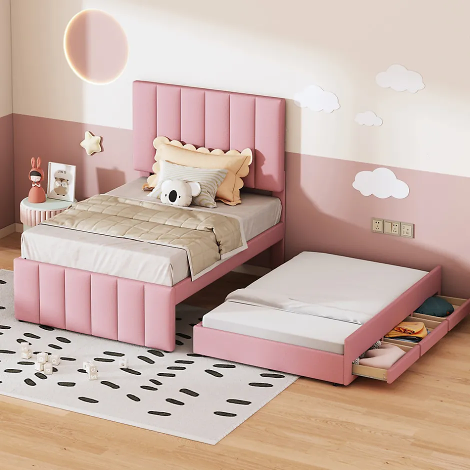 Okwish Lit Gigogne 90x200 cm - Lit Simple enfant avec Tiroirs et Couchage d'Ombre, Revêtement en Lin Doux, Sans Matelas - Rose