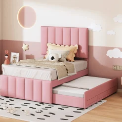 Okwish Lit Gigogne 90x200 cm - Lit Simple enfant avec Tiroirs et Couchage d'Ombre, Revêtement en Lin Doux, Sans Matelas - Rose