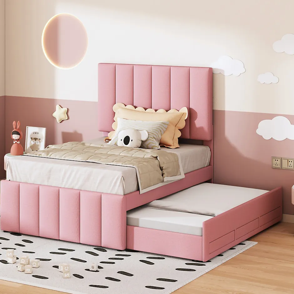 Okwish Lit Gigogne 90x200 cm - Lit Simple enfant avec Tiroirs et Couchage d'Ombre, Revêtement en Lin Doux, Sans Matelas - Rose