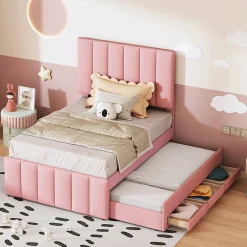 Okwish Lit Gigogne 90x200 cm - Lit Simple enfant avec Tiroirs et Couchage d'Ombre, Revêtement en Lin Doux, Sans Matelas - Rose