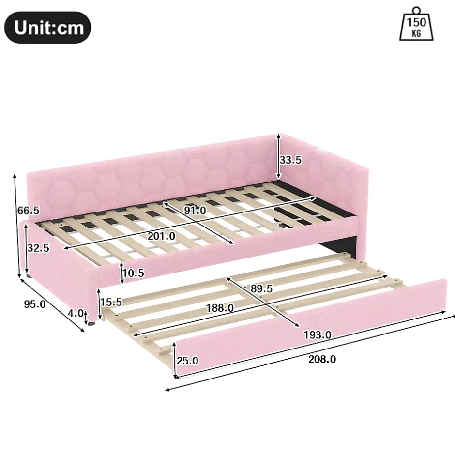 Okwish Lit Gigogne 90x200 cm - Lit Tiroir et Lampe Intégrée avec Ports USB et Type-C - Sans Matelas - Rose Imitation Laine Clearance