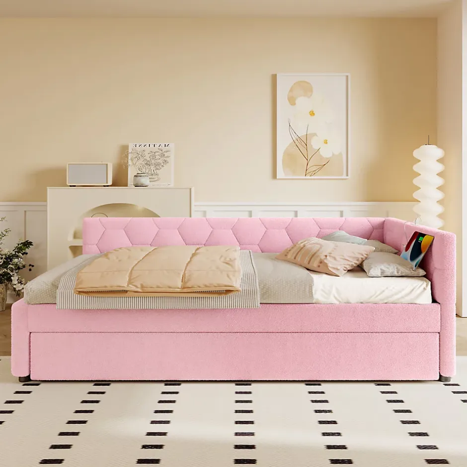 Okwish Lit Gigogne 90x200 cm - Lit Tiroir et Lampe Intégrée avec Ports USB et Type-C - Sans Matelas - Rose Imitation Laine Clearance