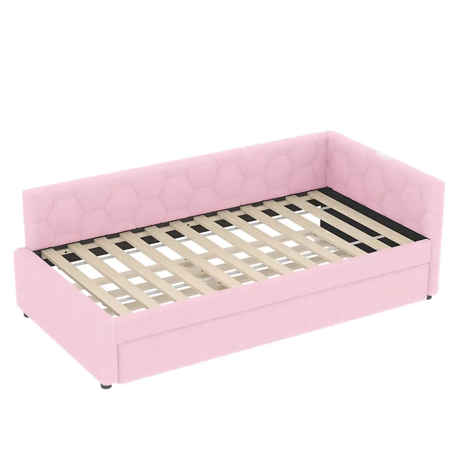Okwish Lit Gigogne 90x200 cm - Lit Tiroir et Lampe Intégrée avec Ports USB et Type-C - Sans Matelas - Rose Imitation Laine Clearance