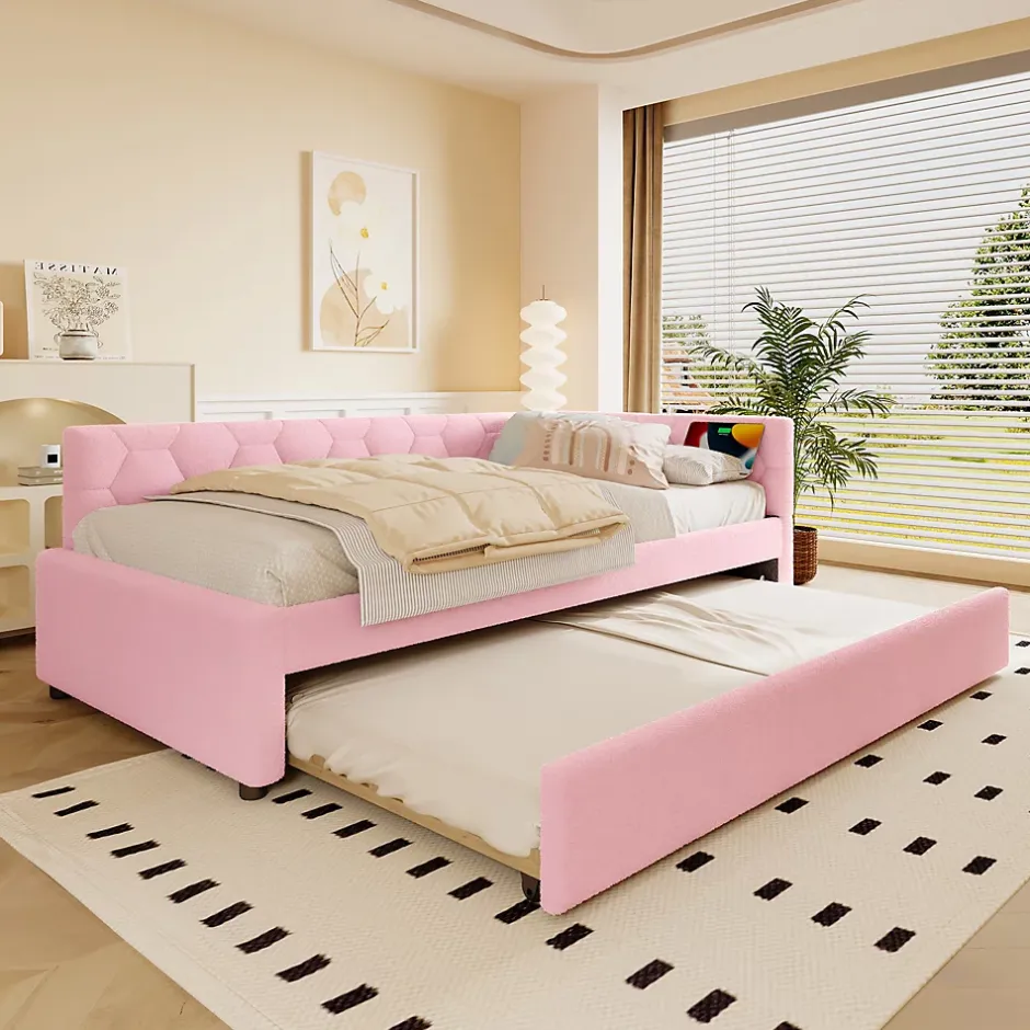 Okwish Lit Gigogne 90x200 cm - Lit Tiroir et Lampe Intégrée avec Ports USB et Type-C - Sans Matelas - Rose Imitation Laine Clearance