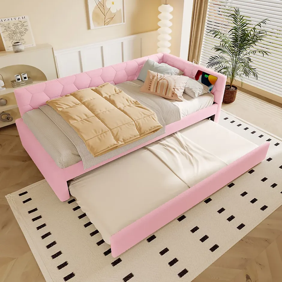 Okwish Lit Gigogne 90x200 cm - Lit Tiroir et Lampe Intégrée avec Ports USB et Type-C - Sans Matelas - Rose Imitation Laine Clearance