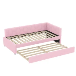 Okwish Lit Gigogne 90x200 cm - Lit Tiroir et Lampe Intégrée avec Ports USB et Type-C - Sans Matelas - Rose Imitation Laine Clearance