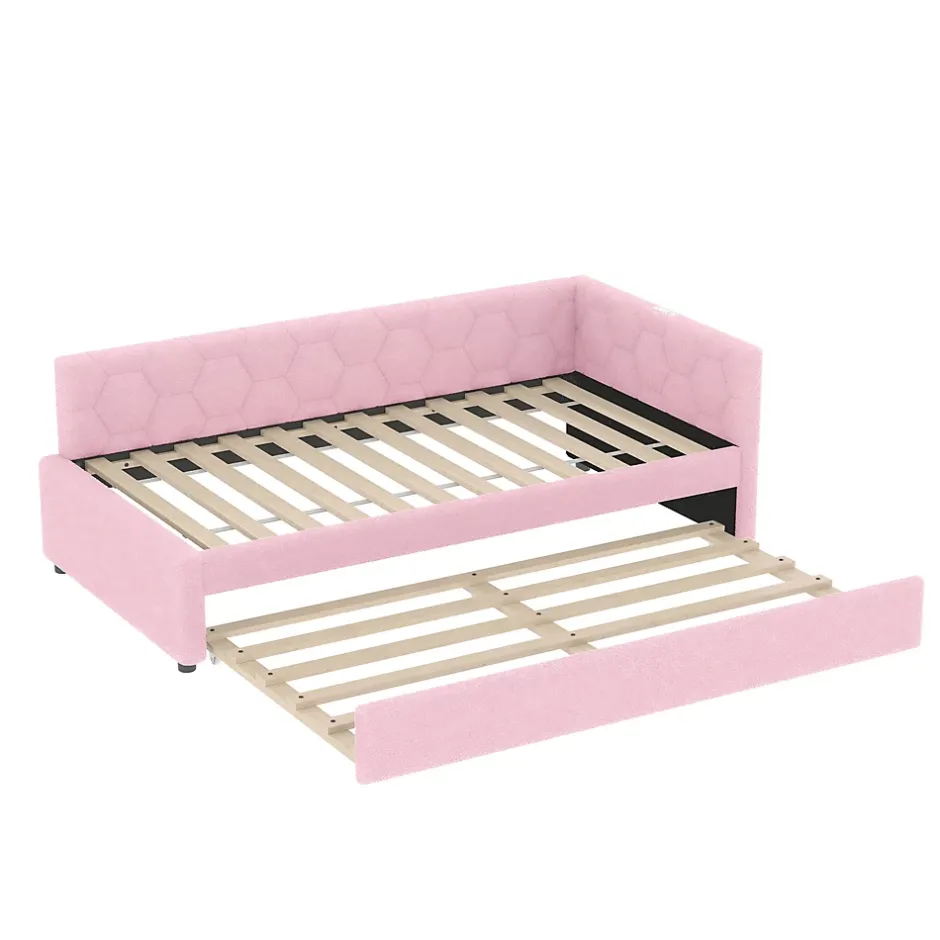 Okwish Lit Gigogne 90x200 cm - Lit Tiroir et Lampe Intégrée avec Ports USB et Type-C - Sans Matelas - Rose Imitation Laine Clearance