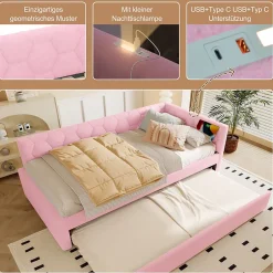 Okwish Lit Gigogne 90x200 cm - Lit Tiroir et Lampe Intégrée avec Ports USB et Type-C - Sans Matelas - Rose Imitation Laine Clearance