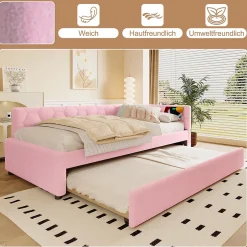 Okwish Lit Gigogne 90x200 cm - Lit Tiroir et Lampe Intégrée avec Ports USB et Type-C - Sans Matelas - Rose Imitation Laine Clearance