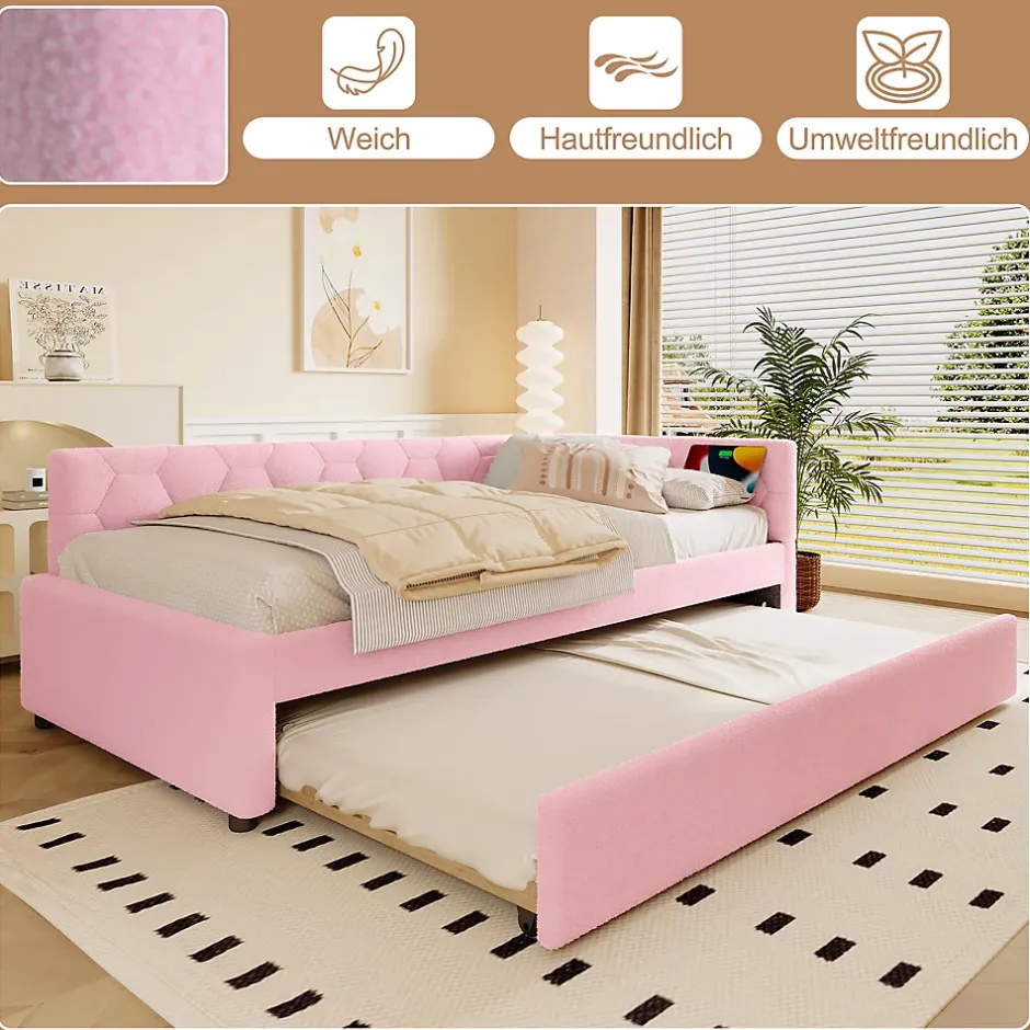 Okwish Lit Gigogne 90x200 cm - Lit Tiroir et Lampe Intégrée avec Ports USB et Type-C - Sans Matelas - Rose Imitation Laine Clearance