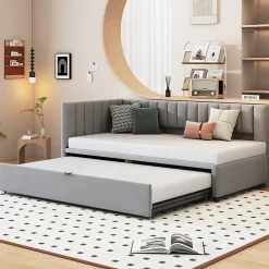 Okwish Lit Gigogne 90/180x200 cm - L-Shaped avec Lit Coulissant pour enfants et Invités, Multifonction, Velours Gris Clair, Sans Matelas