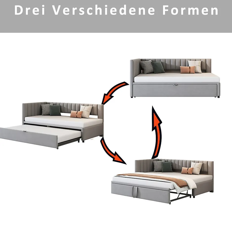 Okwish Lit Gigogne 90/180x200 cm - L-Shaped avec Lit Coulissant pour enfants et Invités, Multifonction, Velours Gris Clair, Sans Matelas