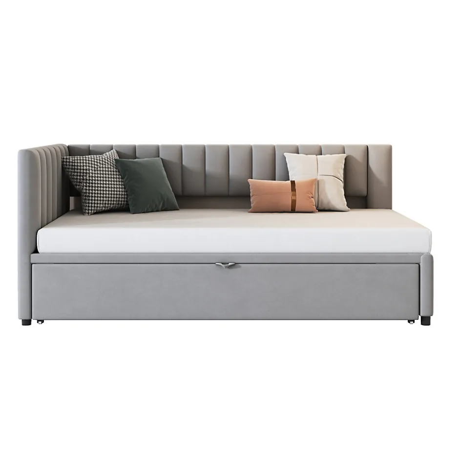 Okwish Lit Gigogne 90/180x200 cm - L-Shaped avec Lit Coulissant pour enfants et Invités, Multifonction, Velours Gris Clair, Sans Matelas