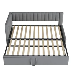 Okwish Lit Gigogne 90/180x200 cm - L-Shaped avec Lit Coulissant pour enfants et Invités, Multifonction, Velours Gris Clair, Sans Matelas
