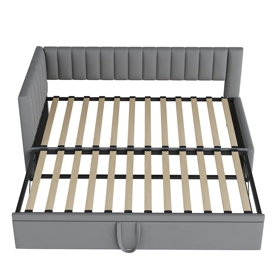 Okwish Lit Gigogne 90/180x200 cm - L-Shaped avec Lit Coulissant pour enfants et Invités, Multifonction, Velours Gris Clair, Sans Matelas