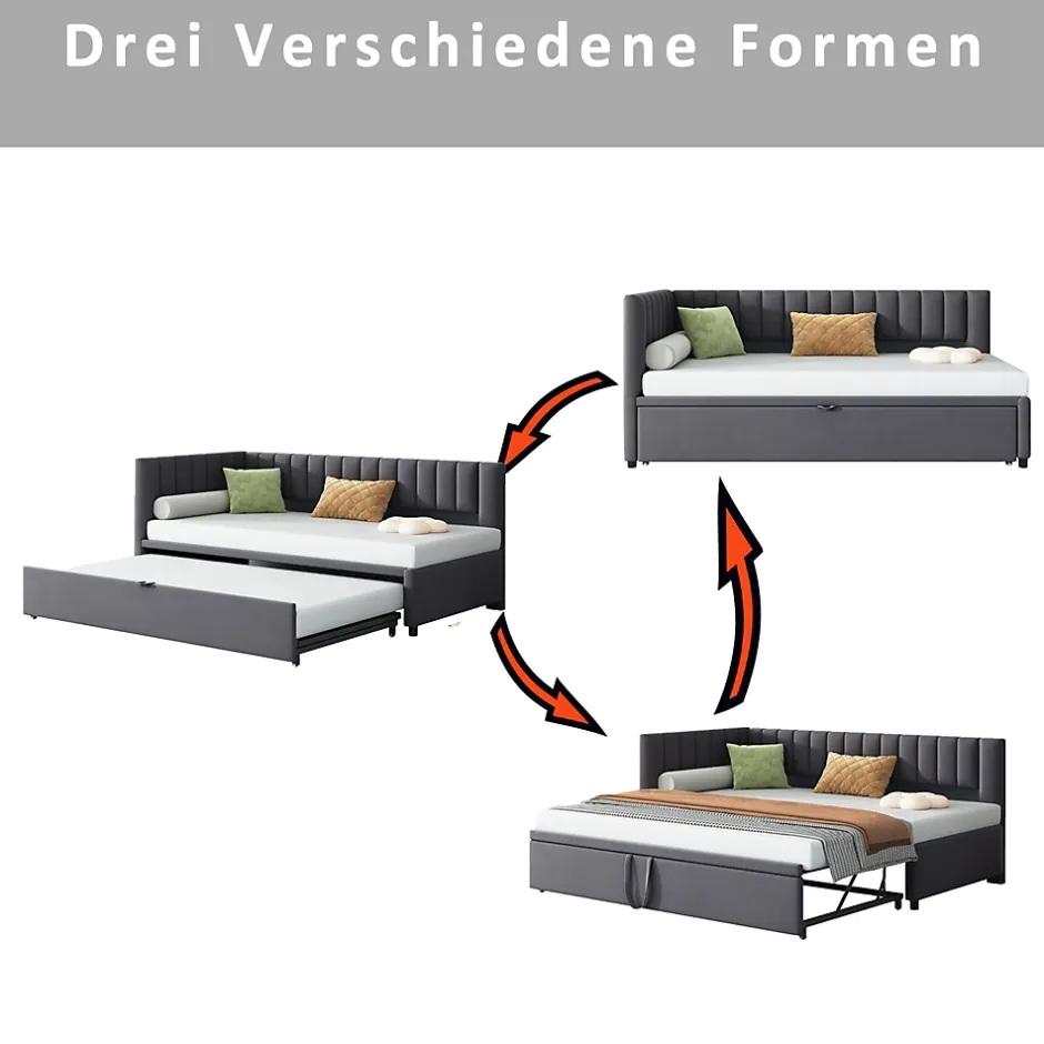 Okwish Lit Gigogne 90/180x200 cm - L-Shaped avec Lit Coulissant, Convertible pour enfants et Invités, Velours Gris Foncé, Sans Matelas Best