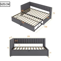 Okwish Lit Gigogne 90/180x200 cm - L-Shaped avec Lit Coulissant, Convertible pour enfants et Invités, Velours Gris Foncé, Sans Matelas Best