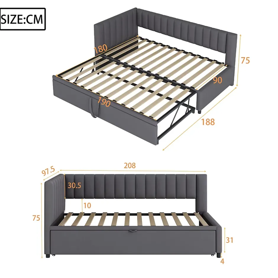 Okwish Lit Gigogne 90/180x200 cm - L-Shaped avec Lit Coulissant, Convertible pour enfants et Invités, Velours Gris Foncé, Sans Matelas Best