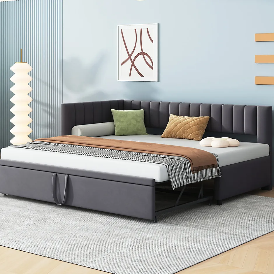 Okwish Lit Gigogne 90/180x200 cm - L-Shaped avec Lit Coulissant, Convertible pour enfants et Invités, Velours Gris Foncé, Sans Matelas Best