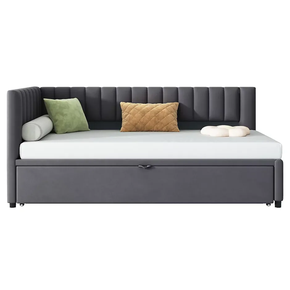 Okwish Lit Gigogne 90/180x200 cm - L-Shaped avec Lit Coulissant, Convertible pour enfants et Invités, Velours Gris Foncé, Sans Matelas Best