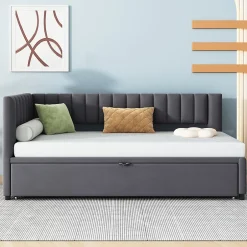 Okwish Lit Gigogne 90/180x200 cm - L-Shaped avec Lit Coulissant, Convertible pour enfants et Invités, Velours Gris Foncé, Sans Matelas Best
