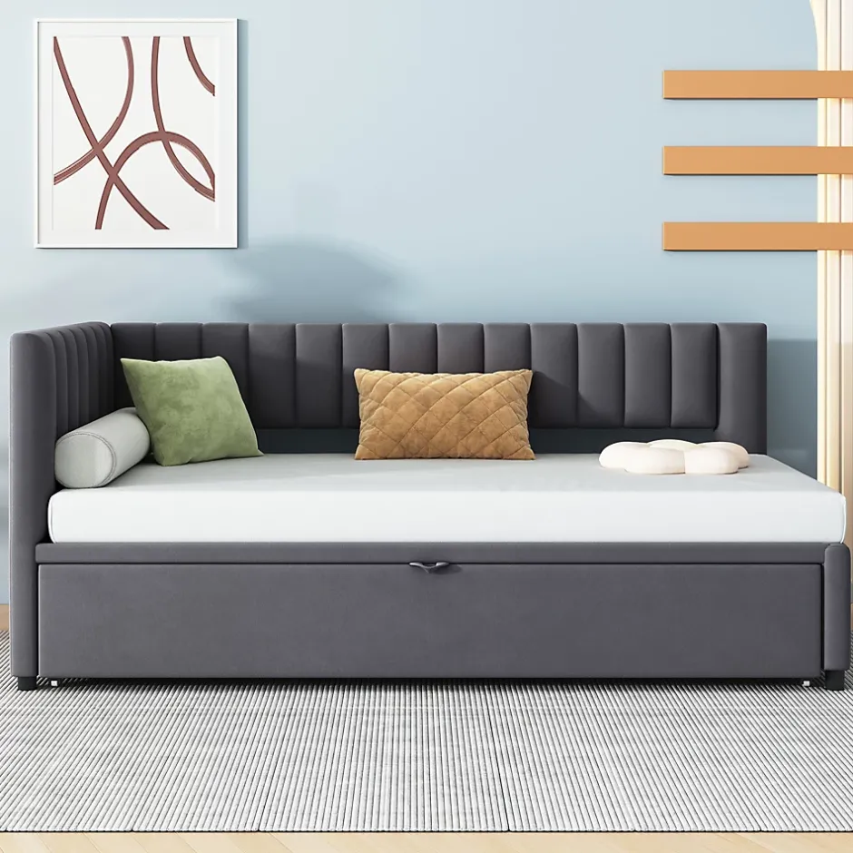 Okwish Lit Gigogne 90/180x200 cm - L-Shaped avec Lit Coulissant, Convertible pour enfants et Invités, Velours Gris Foncé, Sans Matelas Best