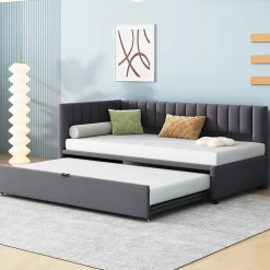 Okwish Lit Gigogne 90/180x200 cm - L-Shaped avec Lit Coulissant, Convertible pour enfants et Invités, Velours Gris Foncé, Sans Matelas Best