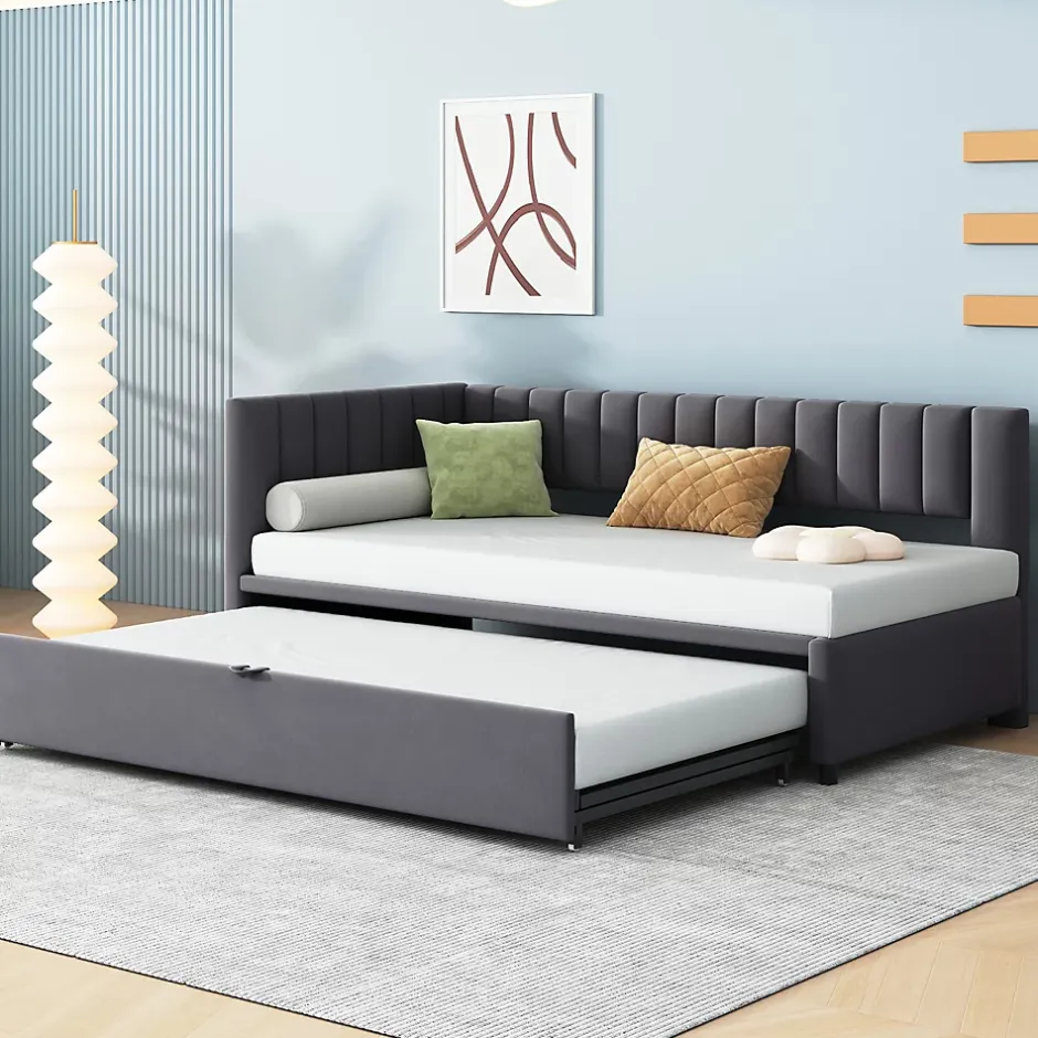 Okwish Lit Gigogne 90/180x200 cm - L-Shaped avec Lit Coulissant, Convertible pour enfants et Invités, Velours Gris Foncé, Sans Matelas Best