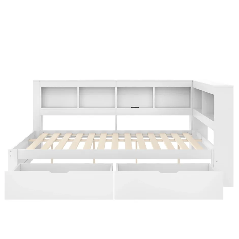 Okwish Lit gigogne 140x200 cm ado avec couchage supplémentaire 90x190 cm, prises et 2 ports USB, structure pin+MDF blanc Hot