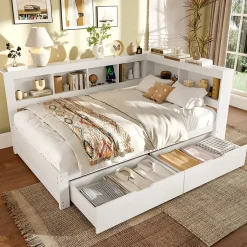 Okwish Lit gigogne 140x200 cm ado avec couchage supplémentaire 90x190 cm, prises et 2 ports USB, structure pin+MDF blanc Hot