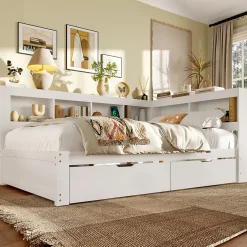 Okwish Lit gigogne 140x200 cm ado avec couchage supplémentaire 90x190 cm, prises et 2 ports USB, structure pin+MDF blanc Hot