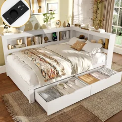 Okwish Lit gigogne 140x200 cm ado avec couchage supplémentaire 90x190 cm, prises et 2 ports USB, structure pin+MDF blanc Hot