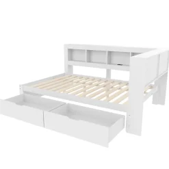 Okwish Lit gigogne 140x200 cm ado avec couchage supplémentaire 90x190 cm, prises et 2 ports USB, structure pin+MDF blanc Hot