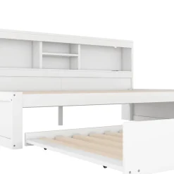 Okwish Lit gigogne 90x200 cm ado/enfant avec tiroir coulissant, LED télécommandée, ports USB, prise électrique et rangement - blanc Sale