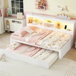 Okwish Lit gigogne 90x200 cm ado/enfant avec tiroir coulissant, LED télécommandée, ports USB, prise électrique et rangement - blanc Sale