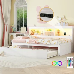 Okwish Lit gigogne 90x200 cm ado/enfant avec tiroir coulissant, LED télécommandée, ports USB, prise électrique et rangement - blanc Sale