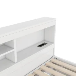 Okwish Lit gigogne 90x200 cm ado/enfant avec tiroir coulissant, LED télécommandée, ports USB, prise électrique et rangement - blanc Sale