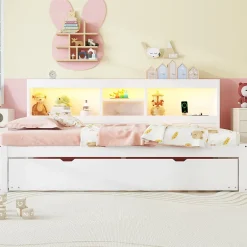 Okwish Lit gigogne 90x200 cm ado/enfant avec tiroir coulissant, LED télécommandée, ports USB, prise électrique et rangement - blanc Sale