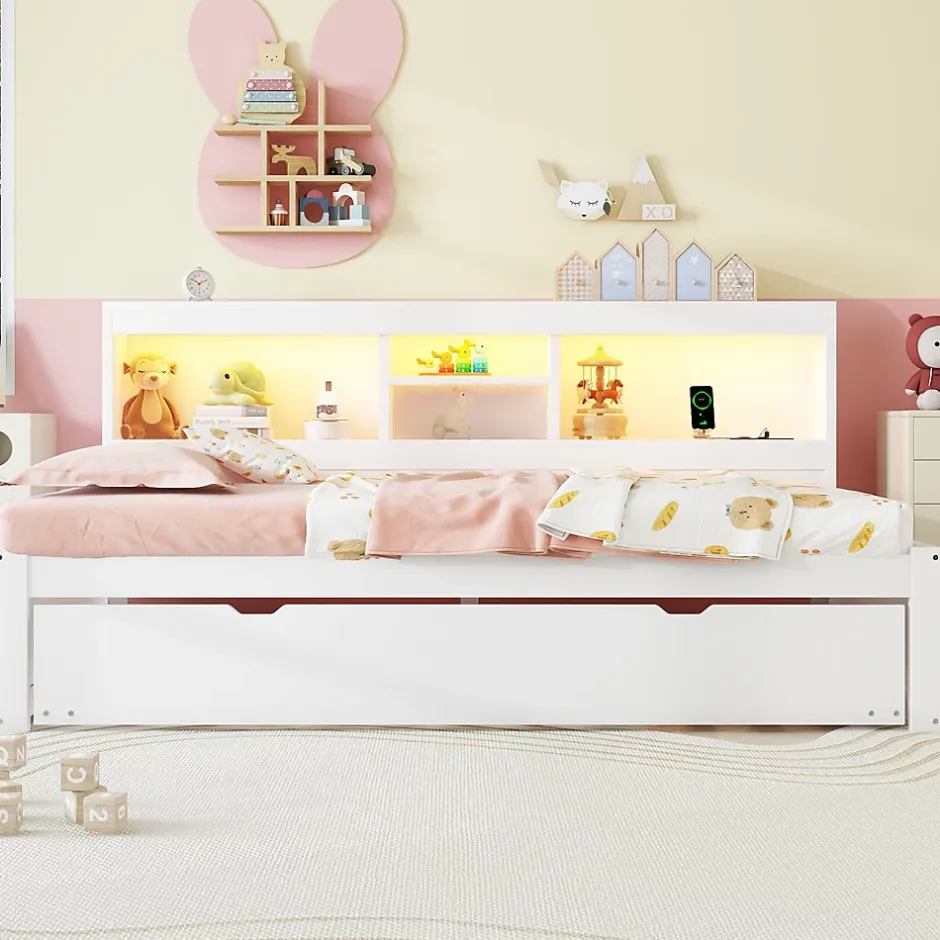 Okwish Lit gigogne 90x200 cm ado/enfant avec tiroir coulissant, LED télécommandée, ports USB, prise électrique et rangement - blanc Sale