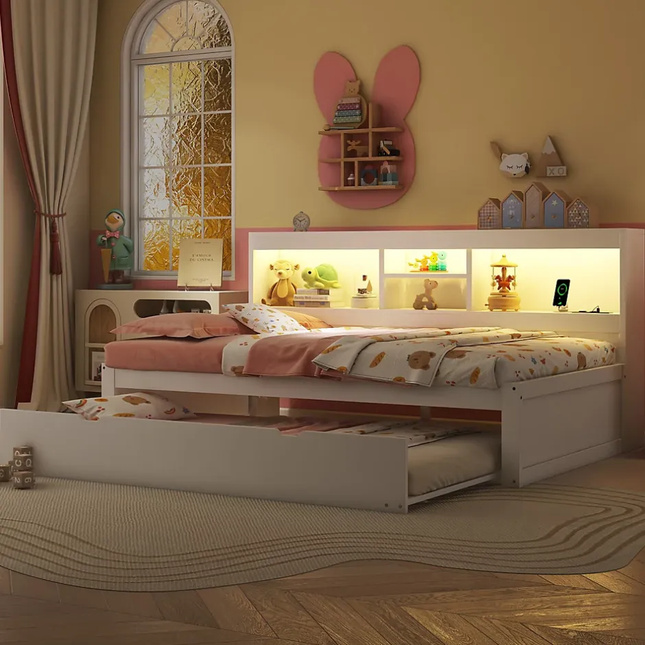 Okwish Lit gigogne 90x200 cm ado/enfant avec tiroir coulissant, LED télécommandée, ports USB, prise électrique et rangement - blanc Sale