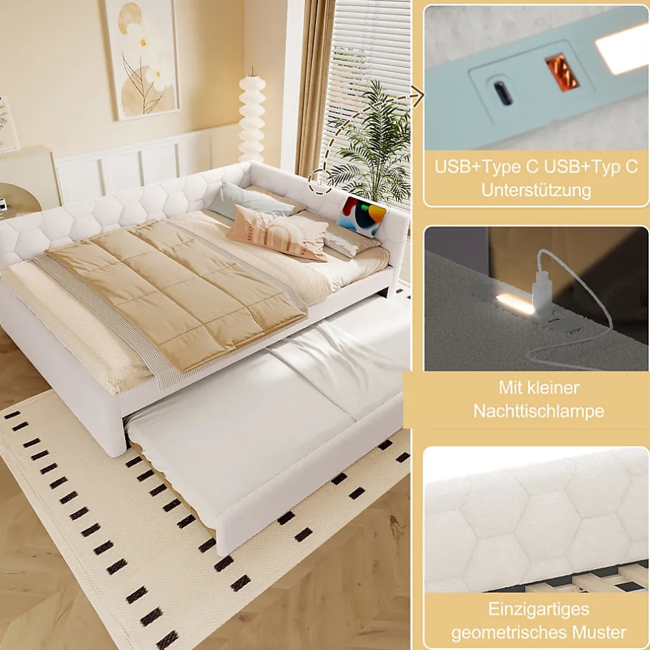 Okwish Lit gigogne 140x200 cm avec lit tiroir, lampe intégrée, ports USB et Type-C - 2 couchages gain de place - imitation laine blanc
