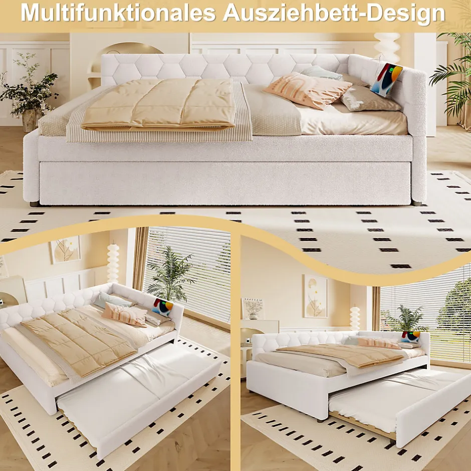 Okwish Lit gigogne 140x200 cm avec lit tiroir, lampe intégrée, ports USB et Type-C - 2 couchages gain de place - imitation laine blanc