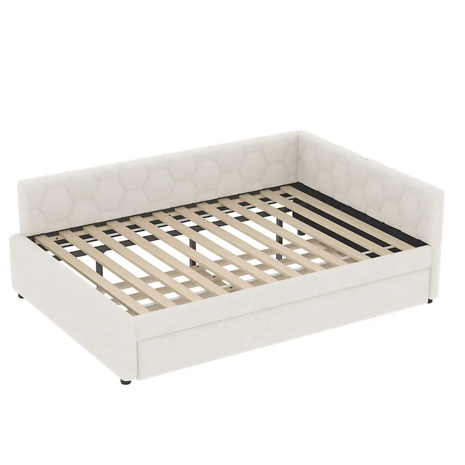 Okwish Lit gigogne 140x200 cm avec lit tiroir, lampe intégrée, ports USB et Type-C - 2 couchages gain de place - imitation laine blanc