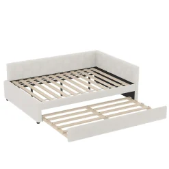 Okwish Lit gigogne 140x200 cm avec lit tiroir, lampe intégrée, ports USB et Type-C - 2 couchages gain de place - imitation laine blanc